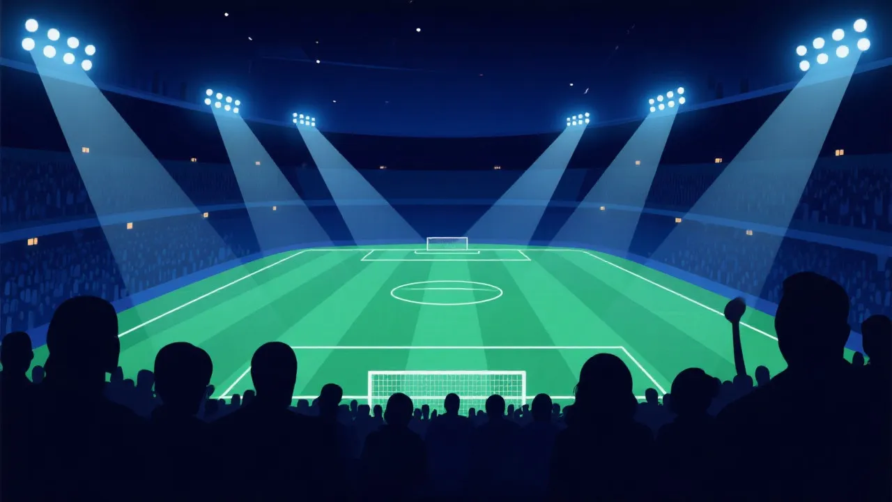 北美大型足球场夜景与决赛氛围的插画风占位图